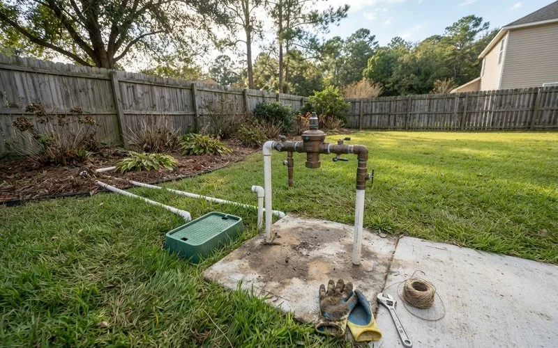A backflow prevention device installed near an outdoor irrigation system connection