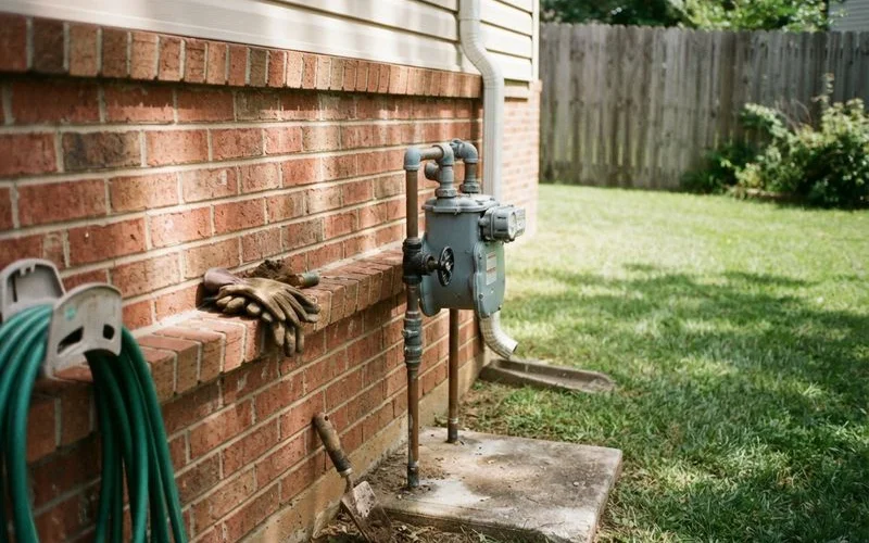 A gas meter and shutoff valve mounted on the exterior wall of a home