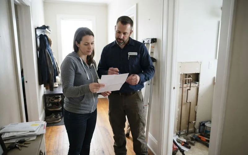 A homeowner and licensed plumber reviewing a permit document together before starting work