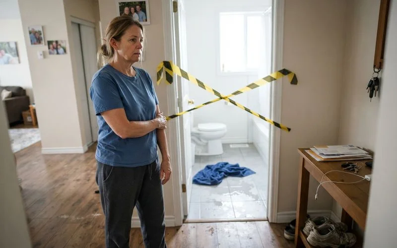 A homeowner standing well back from a sewage backup area, keeping children and pets away