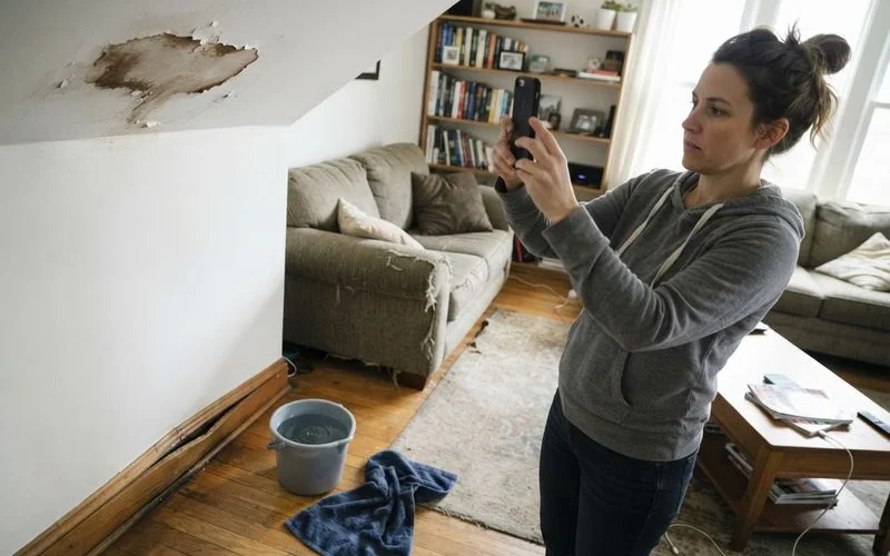 A homeowner taking photos of water damage near a baseboard for an insurance claim