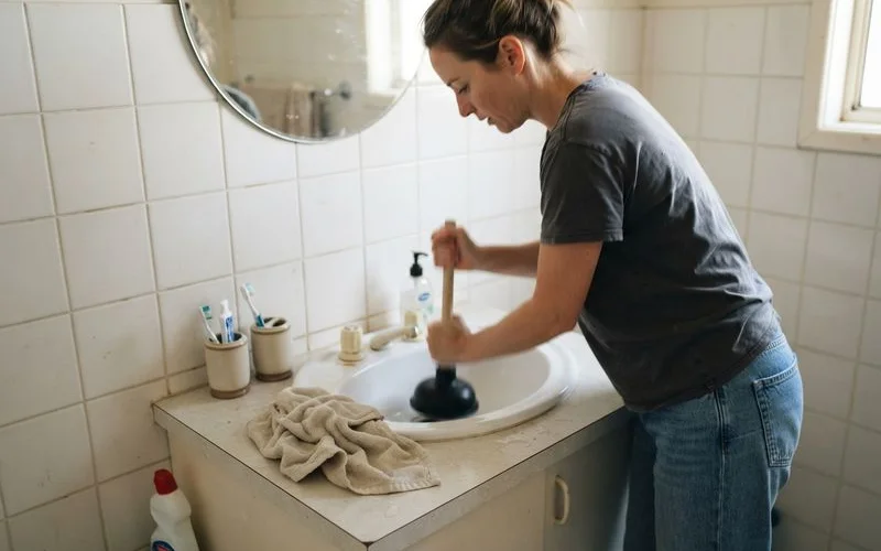 A homeowner using a plunger on a bathroom sink drain as a simple DIY plumbing fix