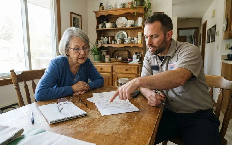 A plumber explaining a repair estimate to a senior homeowner at their kitchen table