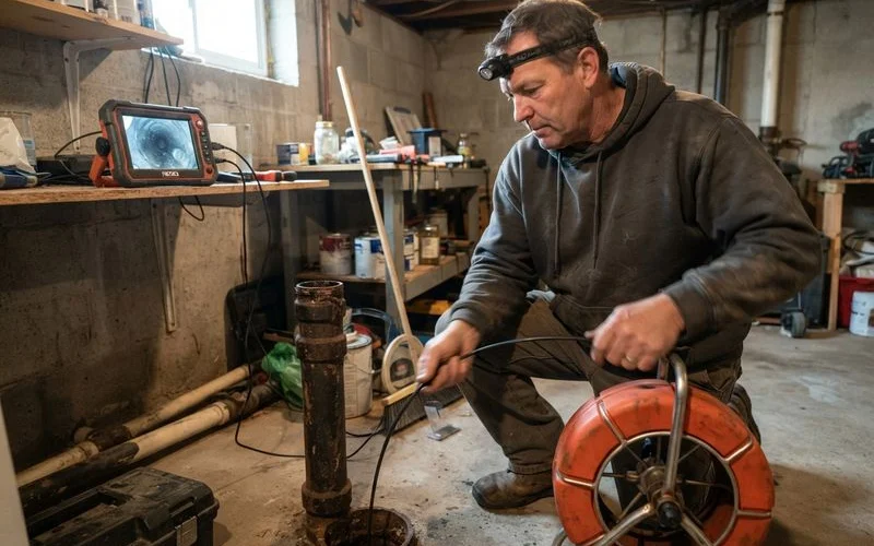 A plumber feeding a camera inspection cable into a drain cleanout access point