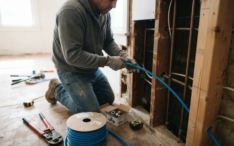 A plumber routing new PEX piping through a wall cavity during a home repiping project