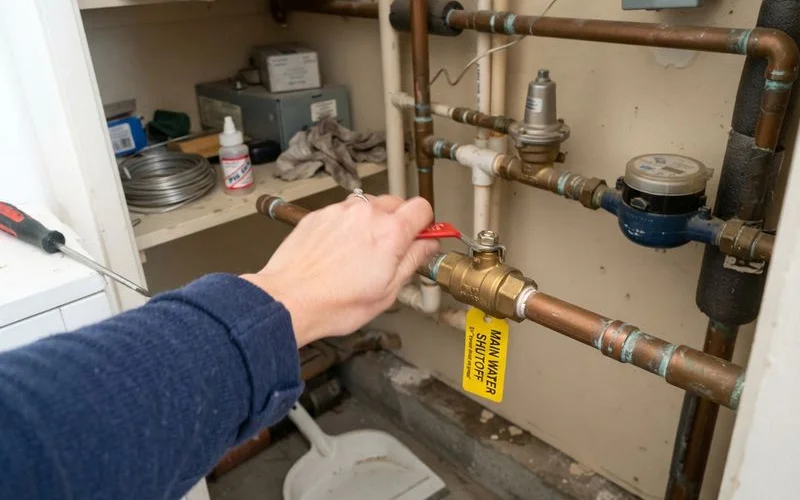 A close-up of a plumber's hand turning a main water shutoff valve labeled clearly in a residential utility area