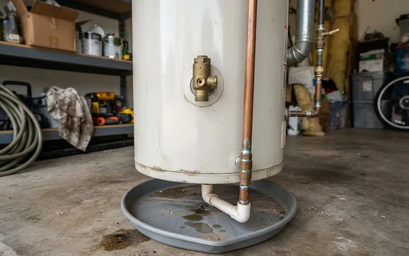 A close-up of a water heater's temperature and pressure relief valve with a discharge pipe